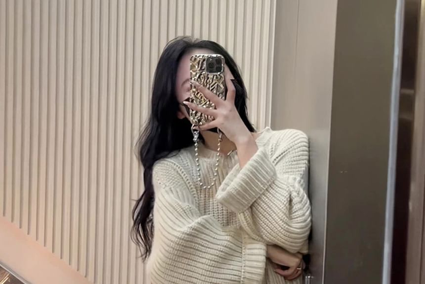 Sweater Dress Plain Crew Slit Neck Midi