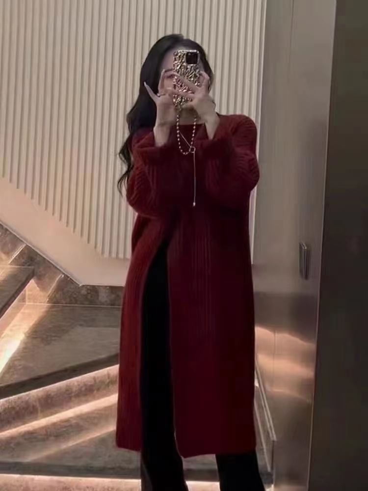 Sweater Dress Plain Crew Slit Neck Midi