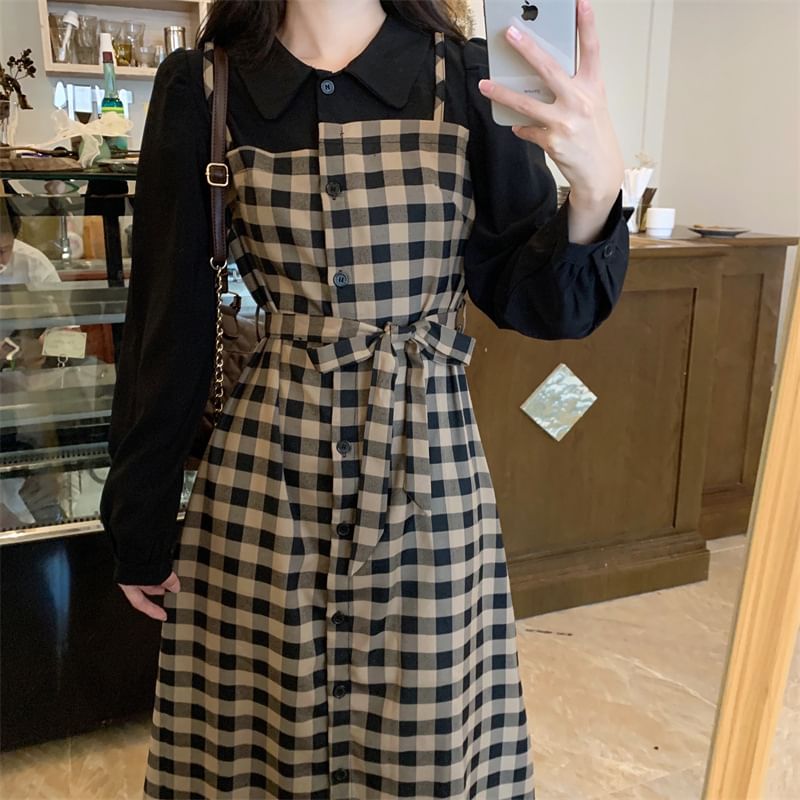 Plaid Piece Long-Sleeve Midi Two A-Line Collared Mock Dress