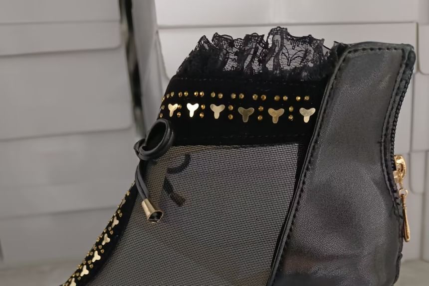 Heel Boots Chunky Pointed Ankle Panel Mesh Lace Trim