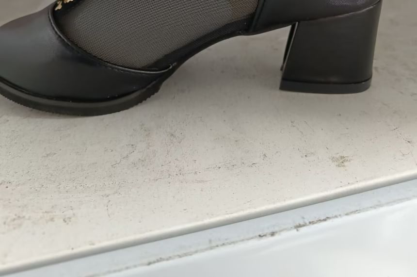 Heel Boots Chunky Pointed Ankle Panel Mesh Lace Trim