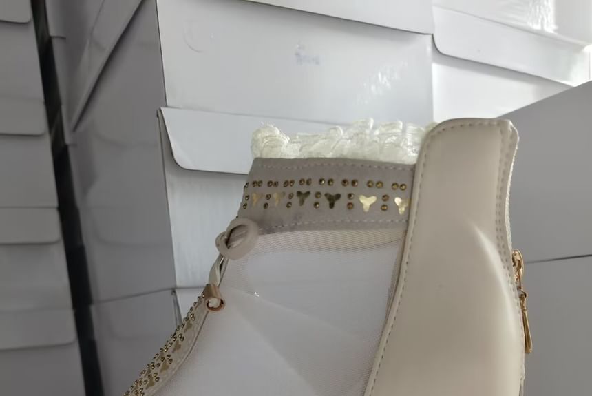 Heel Boots Chunky Pointed Ankle Panel Mesh Lace Trim