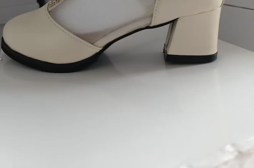 Heel Boots Chunky Pointed Ankle Panel Mesh Lace Trim