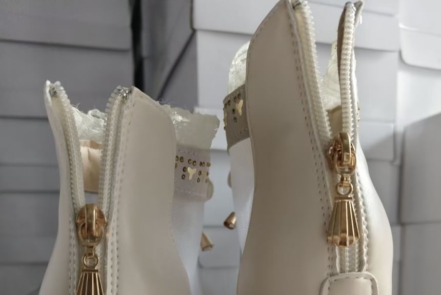 Heel Boots Chunky Pointed Ankle Panel Mesh Lace Trim