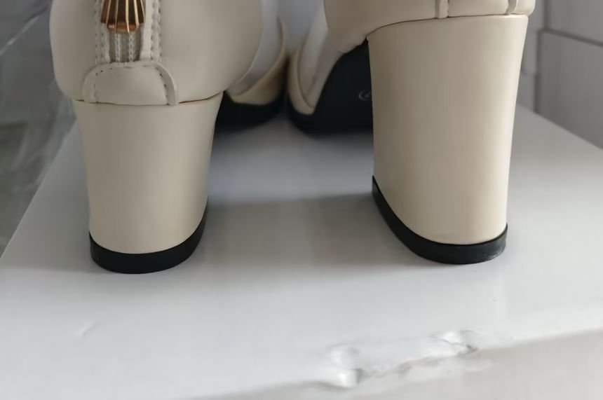 Heel Boots Chunky Pointed Ankle Panel Mesh Lace Trim