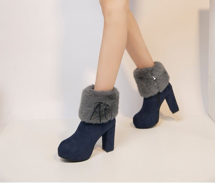 Boots Ankle Platform Heel Trim Chunky Fluffy