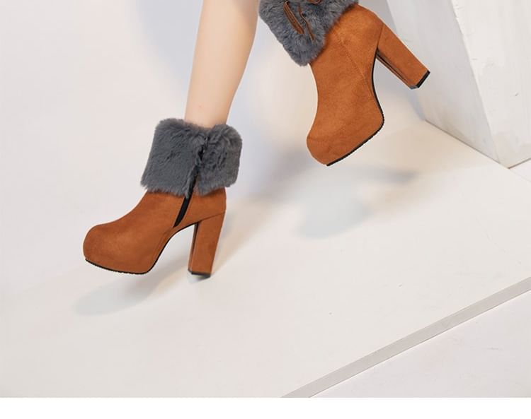 Boots Ankle Platform Heel Trim Chunky Fluffy