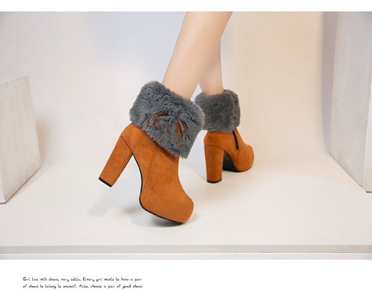 Boots Ankle Platform Heel Trim Chunky Fluffy