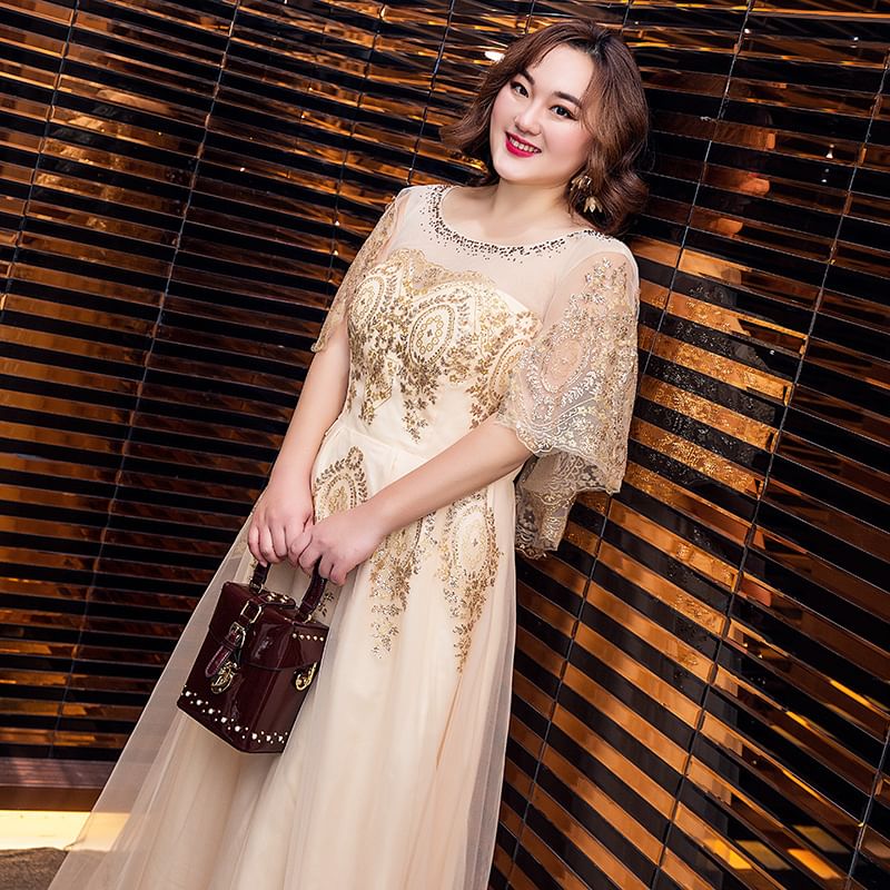 Plus Size Cap Sleeve Sequined Detail Mesh A-Line Evening Gown