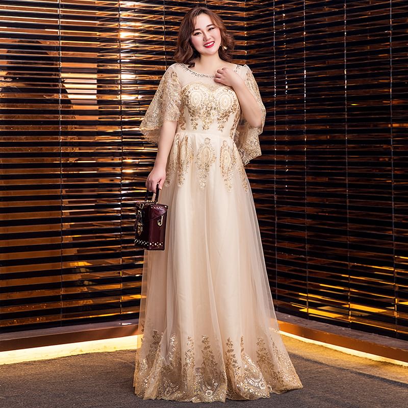 Plus Evening Gown Detail Sequined Mesh Size A-Line Cap Sleeve