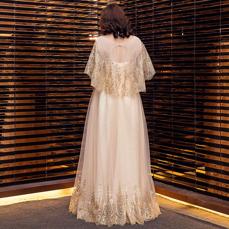 Plus Size Cap Sleeve Sequined Detail Mesh A-Line Evening Gown