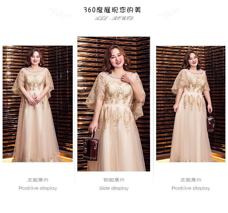 Plus Evening Gown Detail Sequined Mesh Size A-Line Cap Sleeve