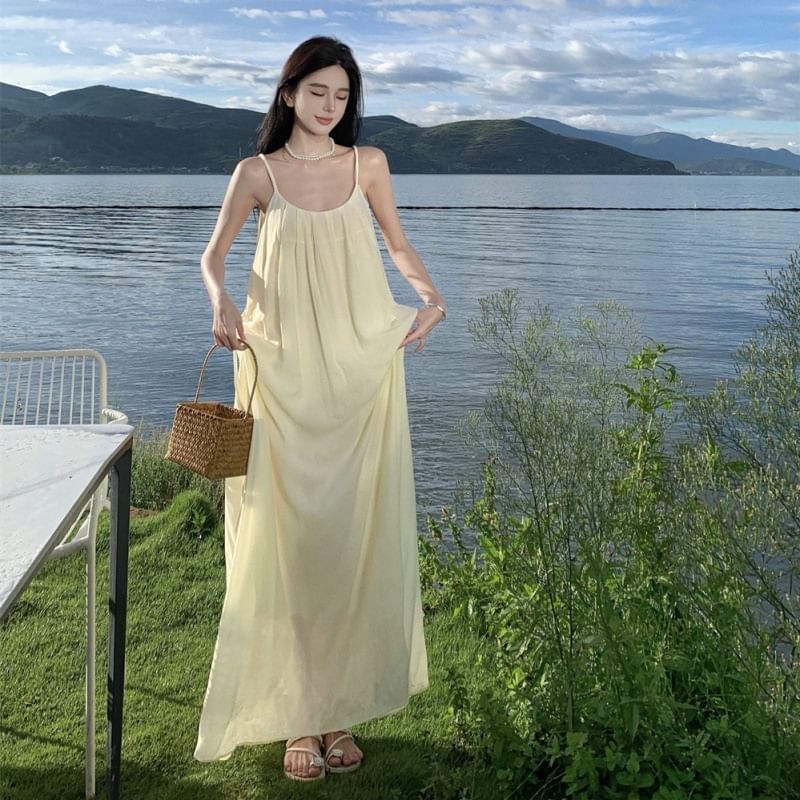 Neck Strap A-Line Spaghetti Maxi Back Dress Scoop Plain Open