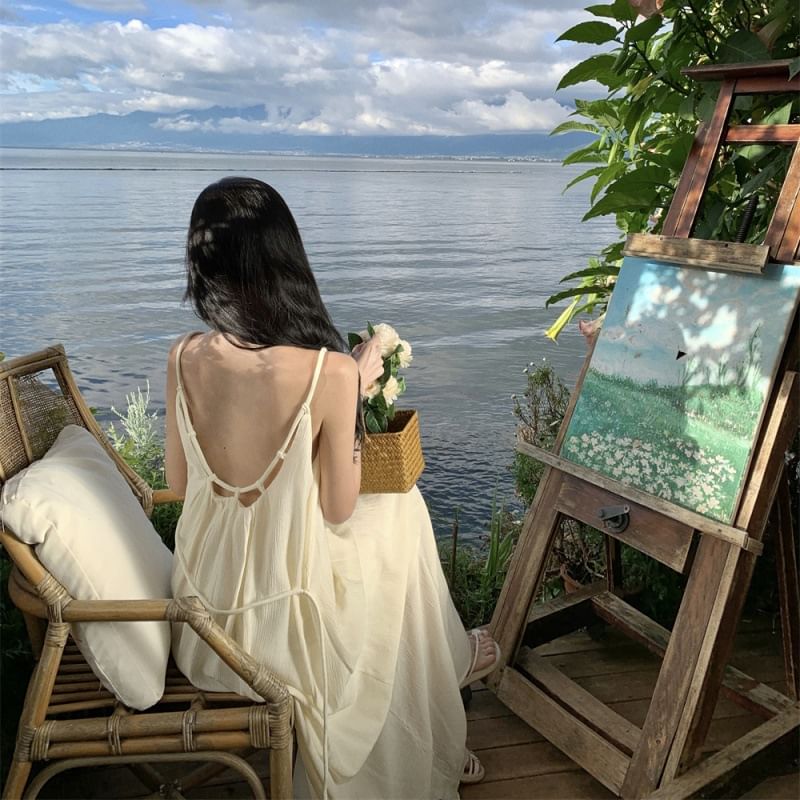 Neck Strap A-Line Spaghetti Maxi Back Dress Scoop Plain Open