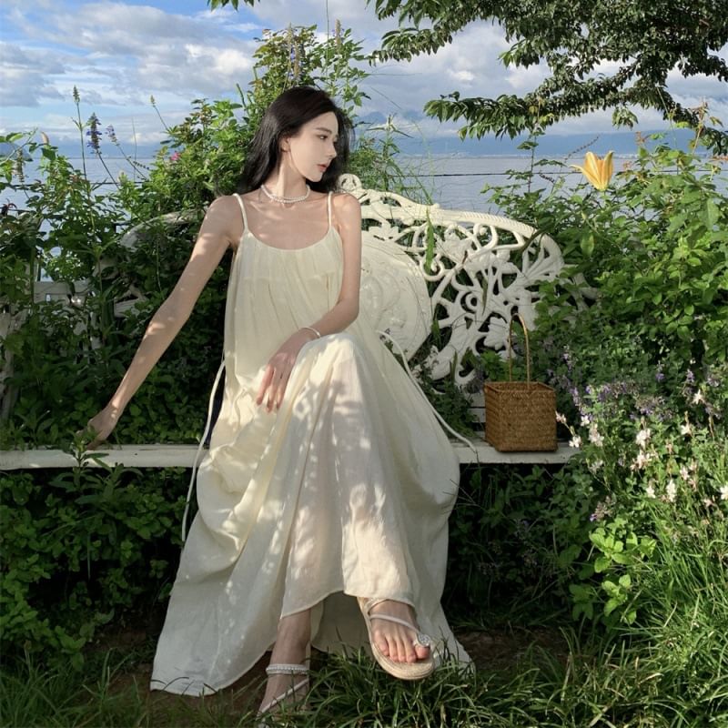 Neck Strap A-Line Spaghetti Maxi Back Dress Scoop Plain Open