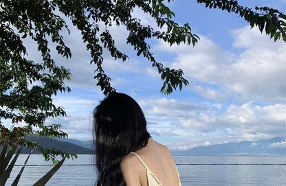 Neck Strap A-Line Spaghetti Maxi Back Dress Scoop Plain Open