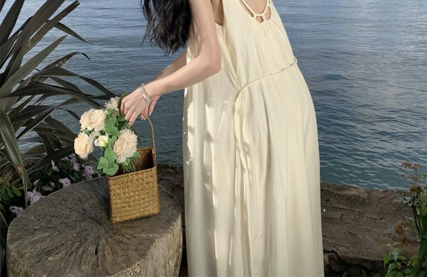 Neck Strap A-Line Spaghetti Maxi Back Dress Scoop Plain Open