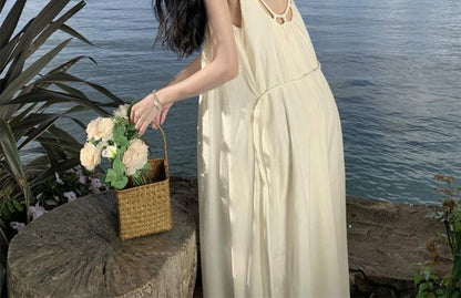 Neck Strap A-Line Spaghetti Maxi Back Dress Scoop Plain Open