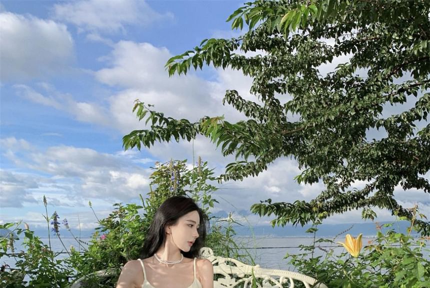 Neck Strap A-Line Spaghetti Maxi Back Dress Scoop Plain Open