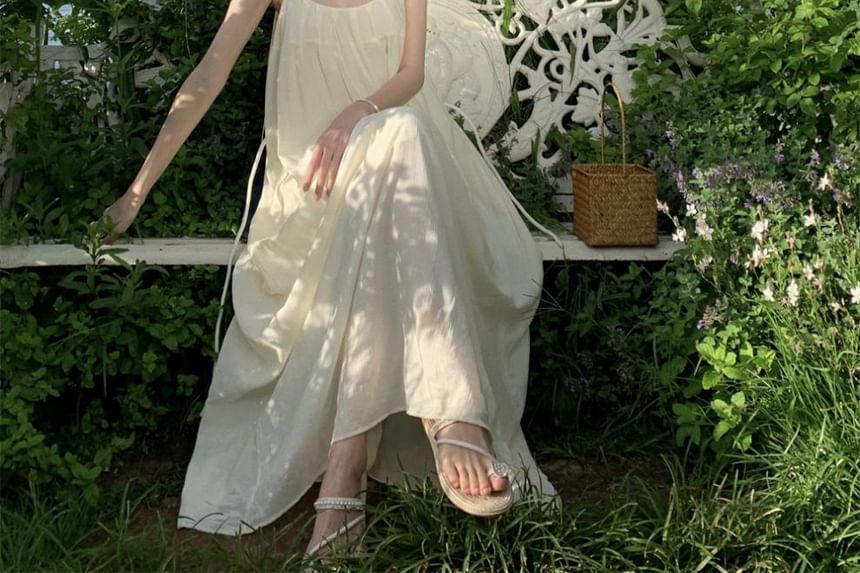 Neck Strap A-Line Spaghetti Maxi Back Dress Scoop Plain Open