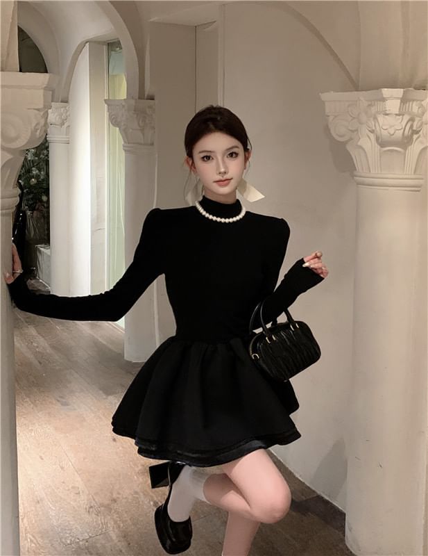 Knit Plain Layered Mini Mock Long-Sleeve A-Line Dress Neck
