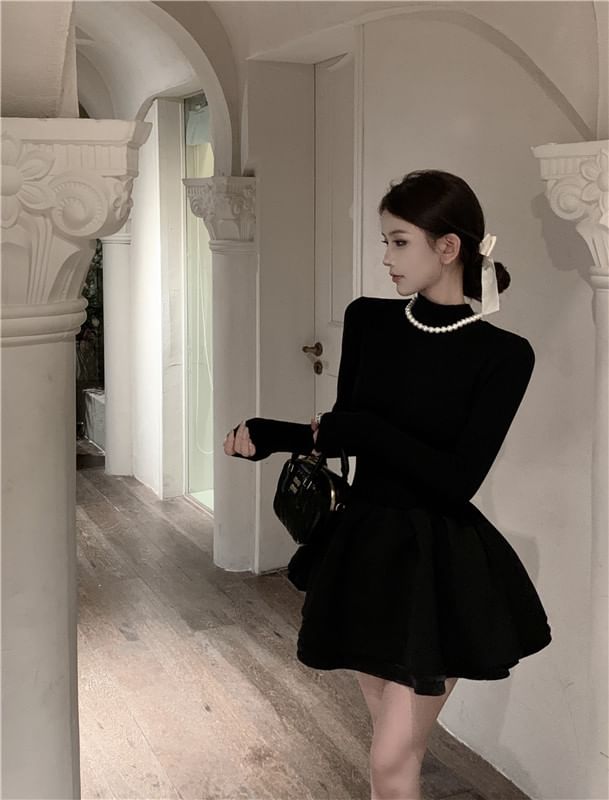 Knit Plain Layered Mini Mock Long-Sleeve A-Line Dress Neck