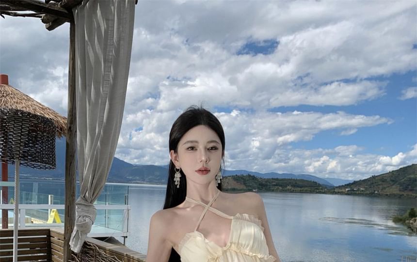 Ruffle Maxi Plain Neck Dress Frill Trim A-Line Back Asymmetrical Open Halter