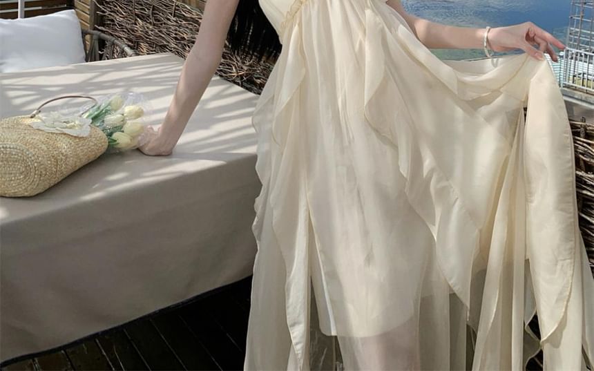 Ruffle Maxi Plain Neck Dress Frill Trim A-Line Back Asymmetrical Open Halter