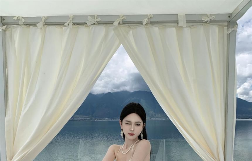 Ruffle Maxi Plain Neck Dress Frill Trim A-Line Back Asymmetrical Open Halter