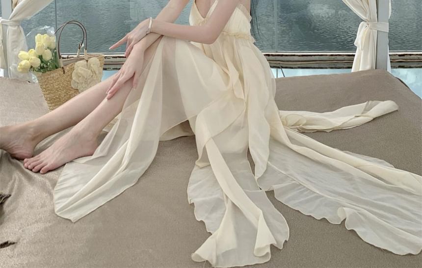 Ruffle Maxi Plain Neck Dress Frill Trim A-Line Back Asymmetrical Open Halter