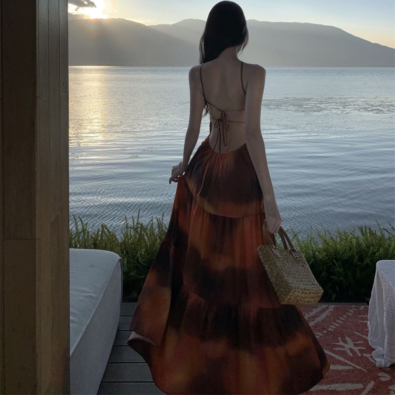 A-Line Maxi Neck Tie Open Smocked Halter Dye Dress Back