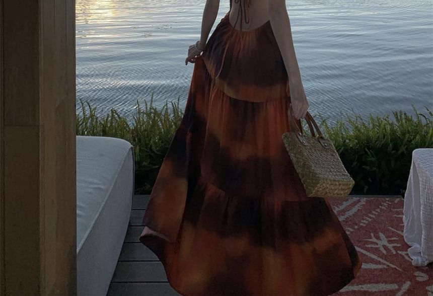 A-Line Maxi Neck Tie Open Smocked Halter Dye Dress Back