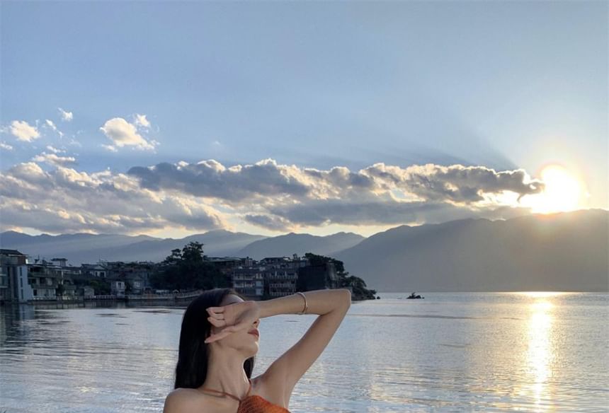 A-Line Maxi Neck Tie Open Smocked Halter Dye Dress Back