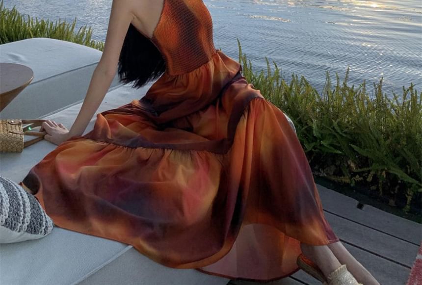 A-Line Maxi Neck Tie Open Smocked Halter Dye Dress Back