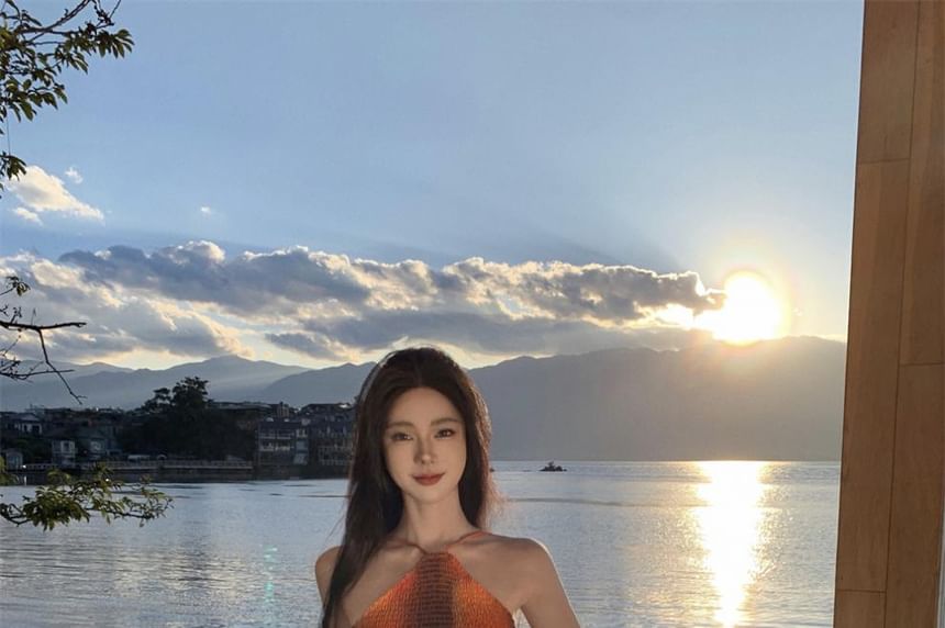 A-Line Maxi Neck Tie Open Smocked Halter Dye Dress Back