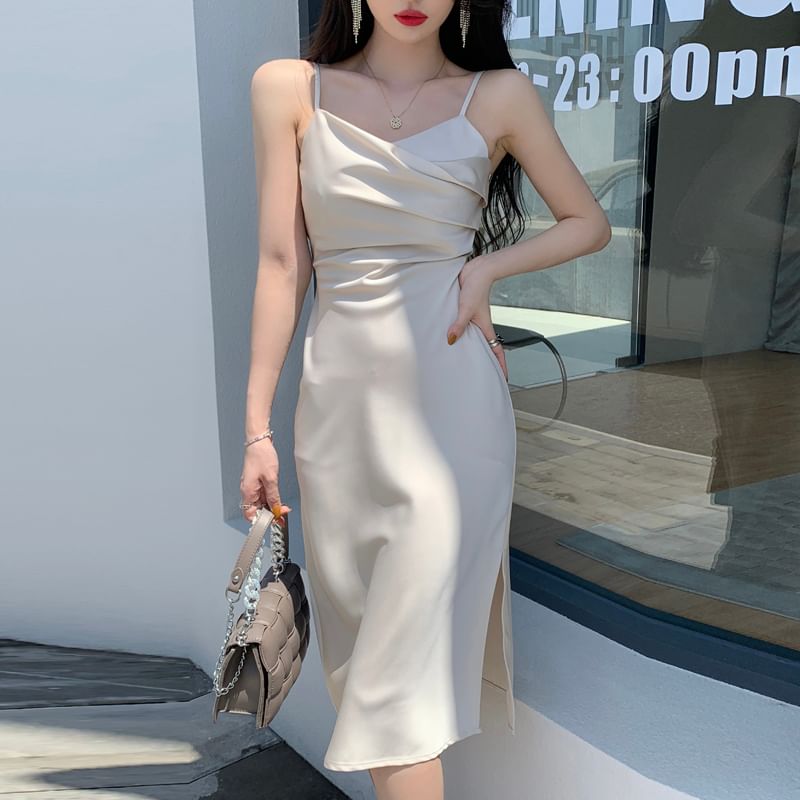 Spaghetti Strap V-Neck Plain Ruched Satin Slit Midi Sheath Dress