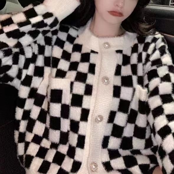 Neck Cardigan Crew Checkerboard