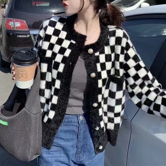 Neck Cardigan Crew Checkerboard