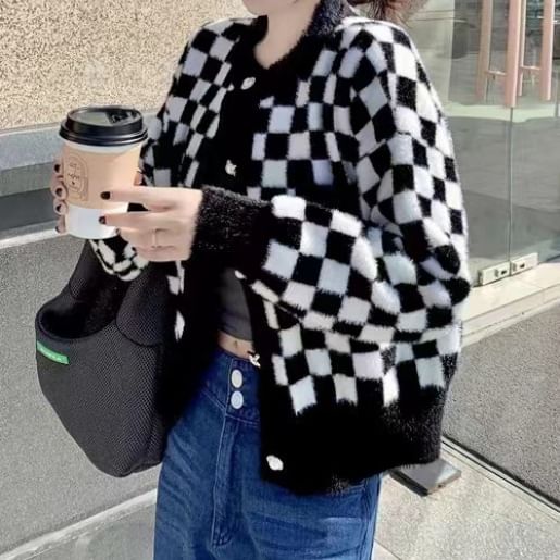 Neck Cardigan Crew Checkerboard