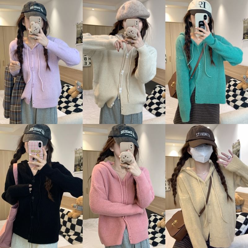 Cardigan Plain Button-Up Hooded