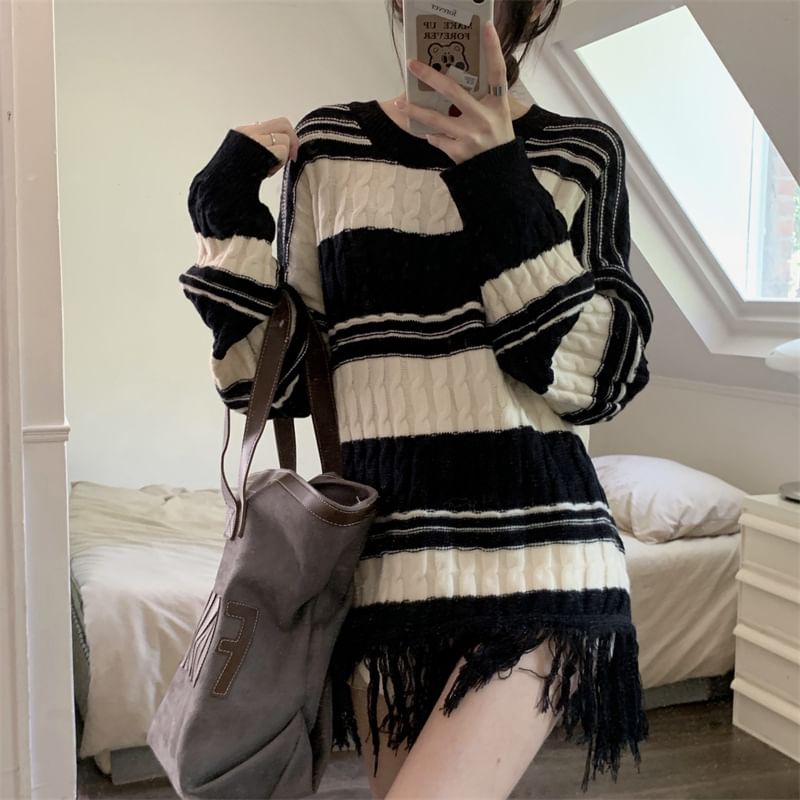 Frayed Striped Loose-Fit Sweater