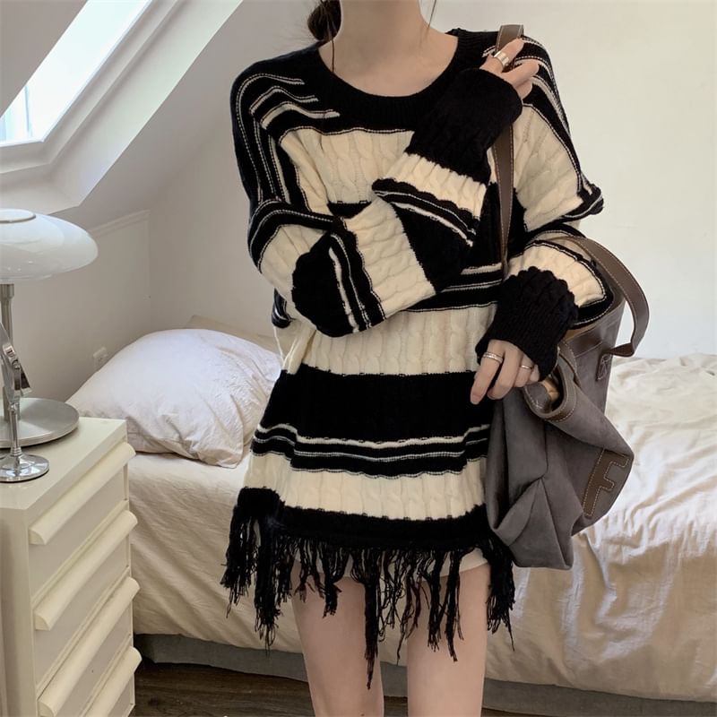 Frayed Striped Loose-Fit Sweater