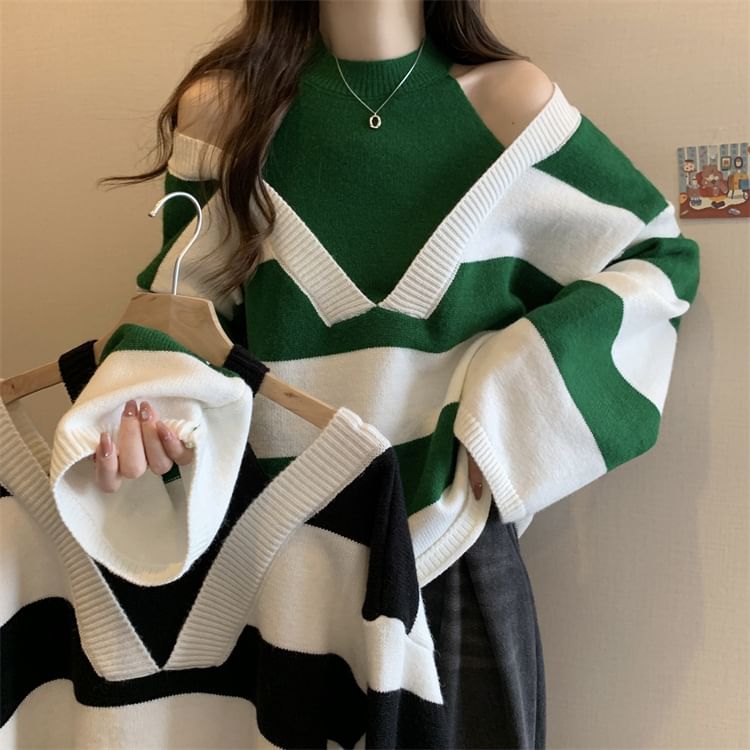 Striped Two-Piece Mock Long-Sleeve Sweater
