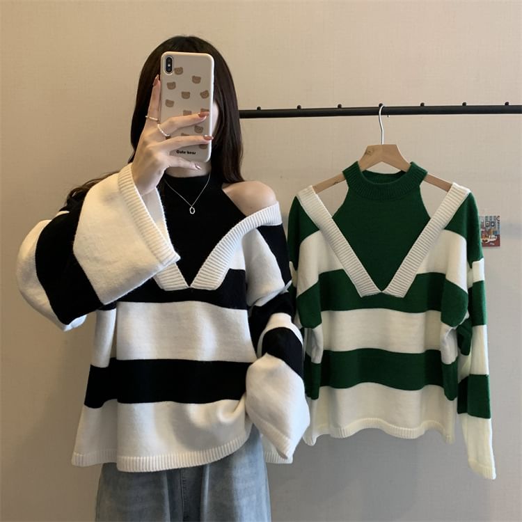 Striped Two-Piece Mock Long-Sleeve Sweater