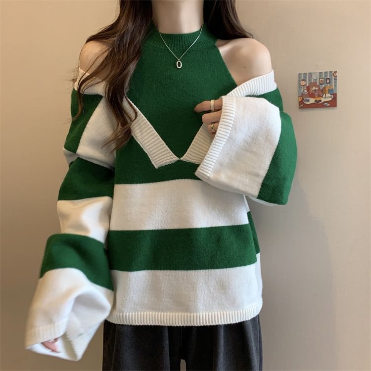 Striped Two-Piece Mock Long-Sleeve Sweater