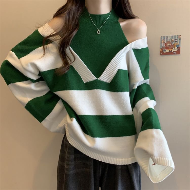Striped Two-Piece Mock Long-Sleeve Sweater