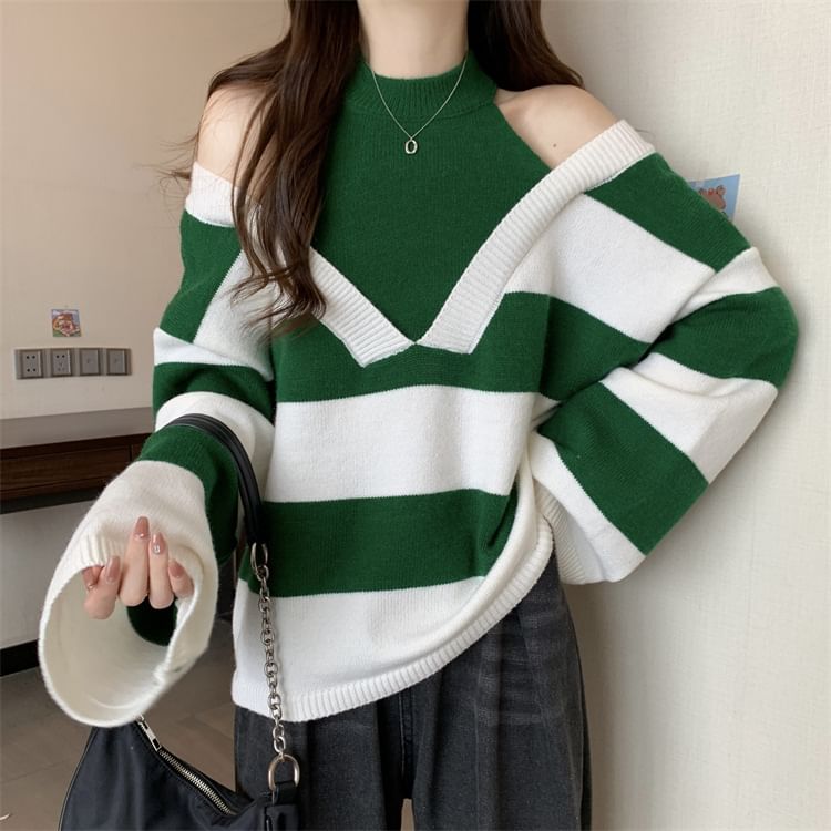 Striped Two-Piece Mock Long-Sleeve Sweater