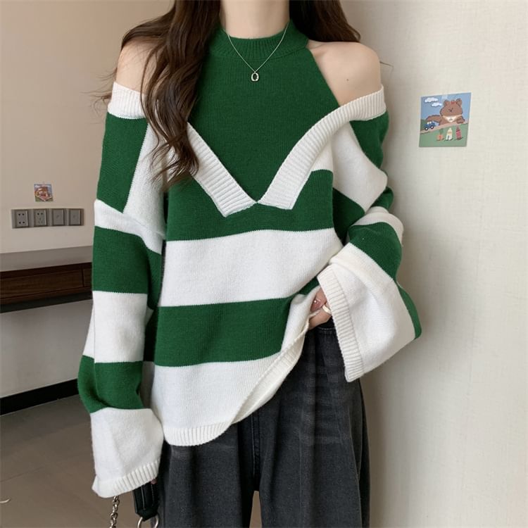 Striped Two-Piece Mock Long-Sleeve Sweater