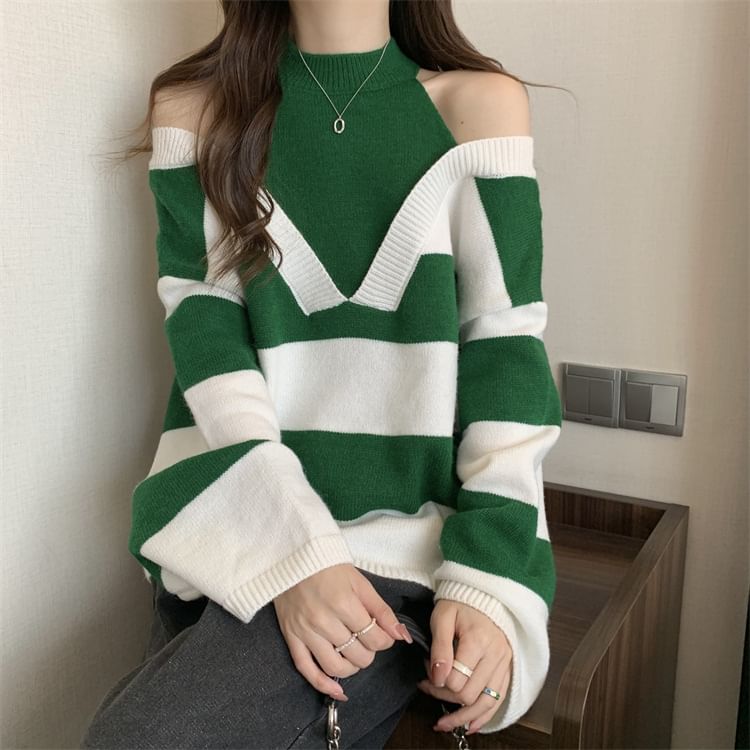 Striped Two-Piece Mock Long-Sleeve Sweater