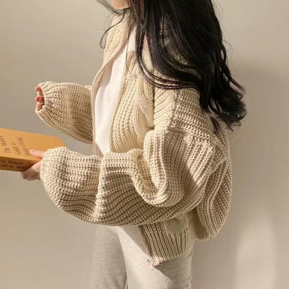 Round Neck Plain Cable Knit Zip Cardigan